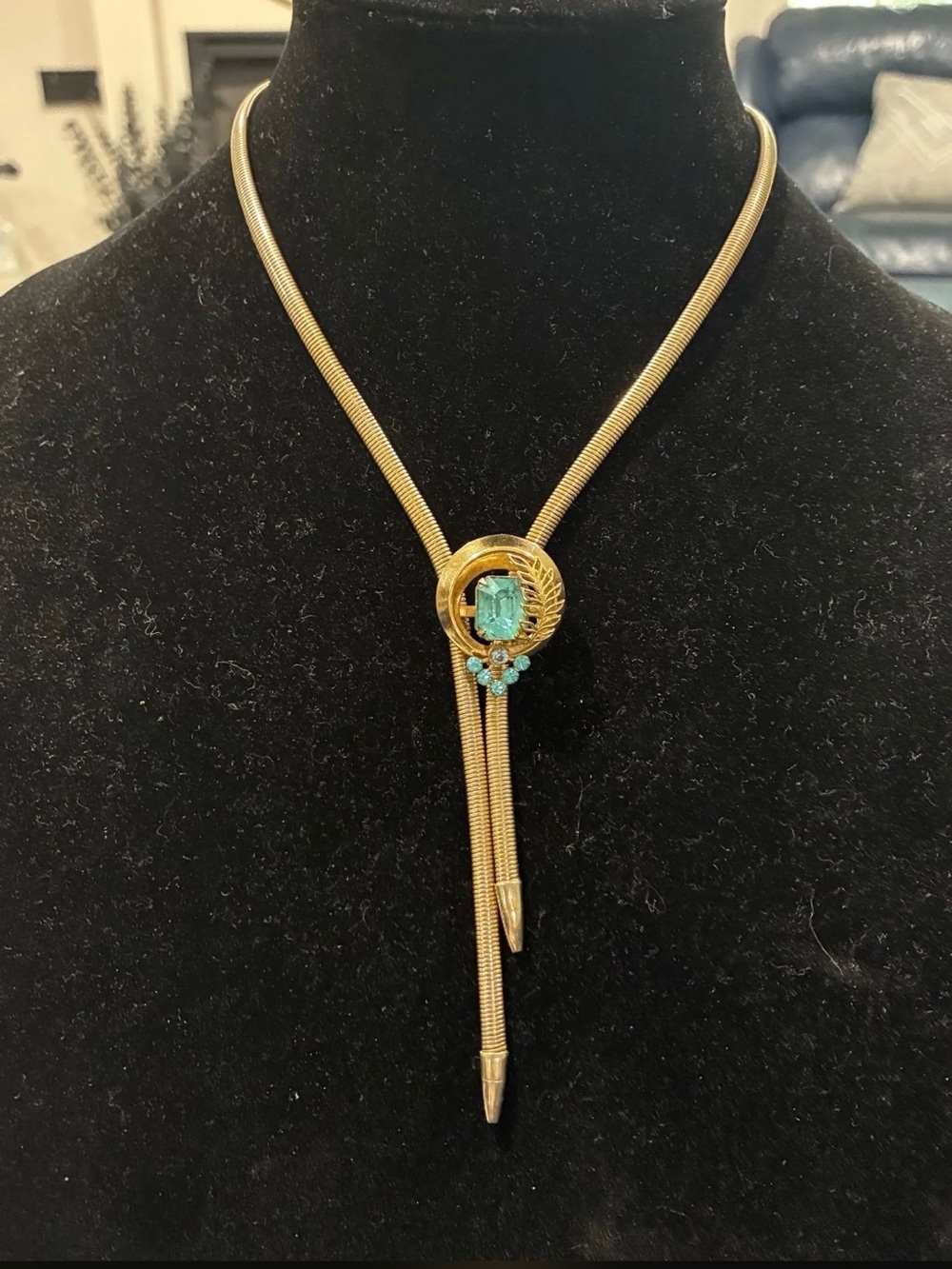Vintage Gold Snake Chain Blue Rhinestone Brooch Bolo Style Lariat Necklace
